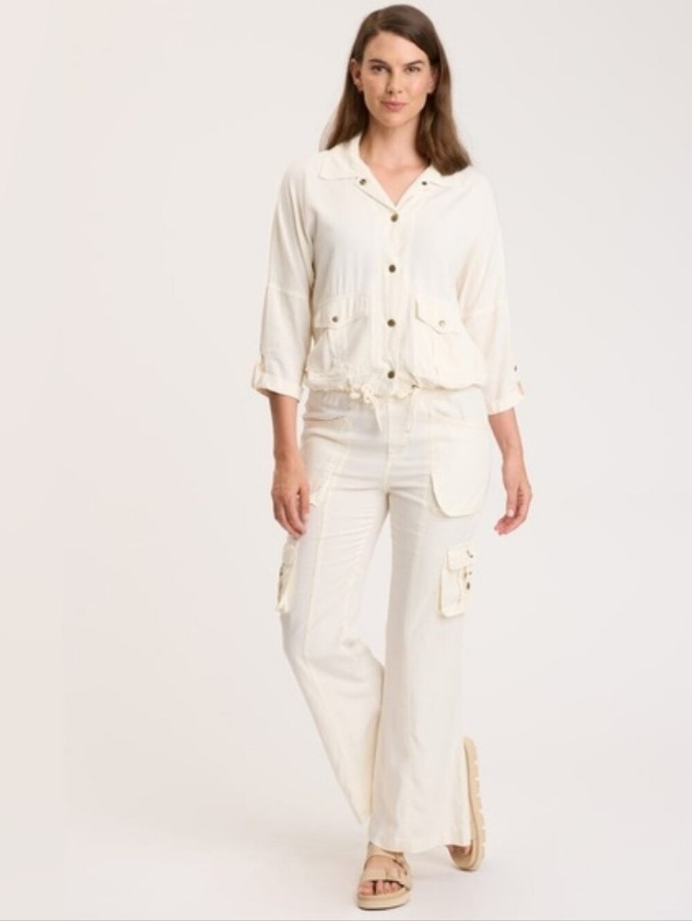 XCVI Washburn Womens Wide Leg Cargo Drawstring Pants Large Cream Cruise Vacay